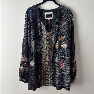 Johnny Was Biya wonder Alice in wonderland silk blouse